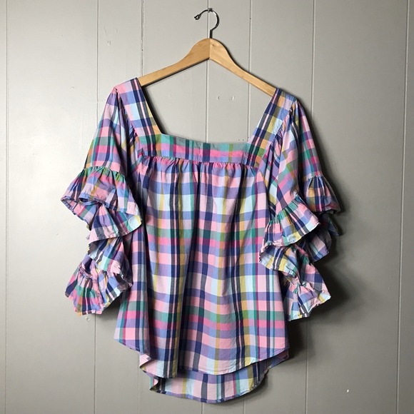 TERRA & SKY COLORFUL PASTEL PLAID PEASANT BLOUSE RUFFLED COTTAGECORE WOMENS 1X - Picture 7 of 7